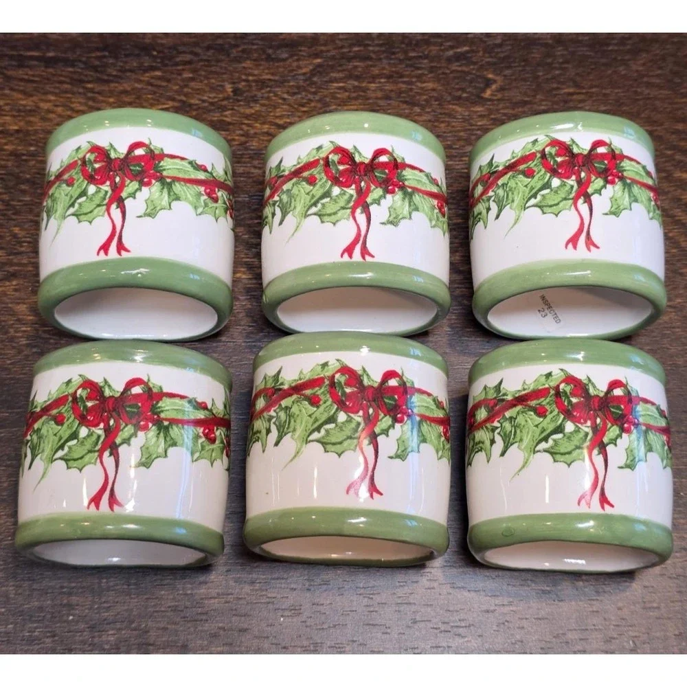 Christopher Radko Christmas Holiday Celebration Bow Holly Napkins Rings Set of 6